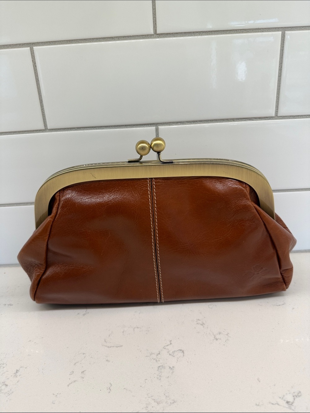 Patricia Nash Classic Brown Leather Kiss-Lock Clutch with crossbody chain
